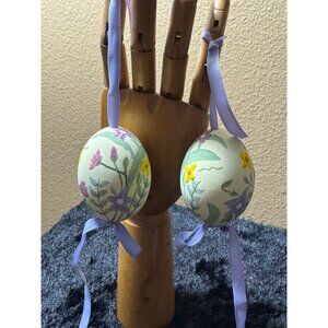 Hand-Painted Floral Easter Hanging Eggs With Lavender Ribbon